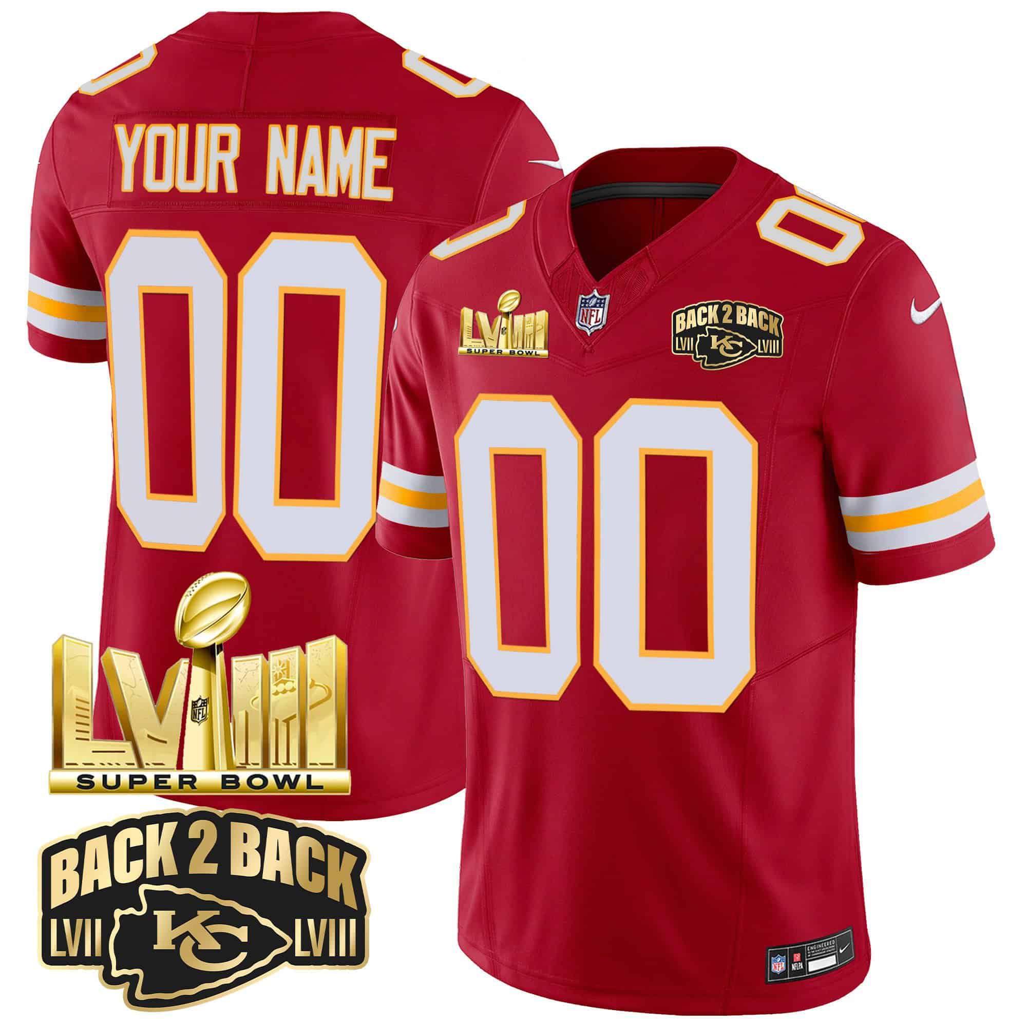 Men Kansas City Chiefs Red 2024 Nike Super Bowl LVIII & Back-2-Back Gold Patch Vapor Custom NFL Jersey style 3